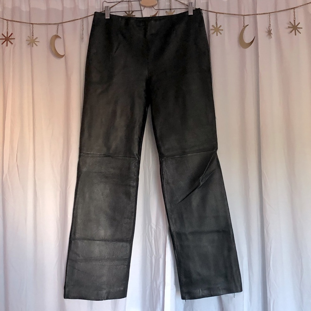 CLIO Vintage Genuine Black Leather Pants Side Zip Straight Leg